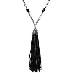 Elegant Black Tassel Pendant Statement Necklace Bead Accents Silver Tone Chain